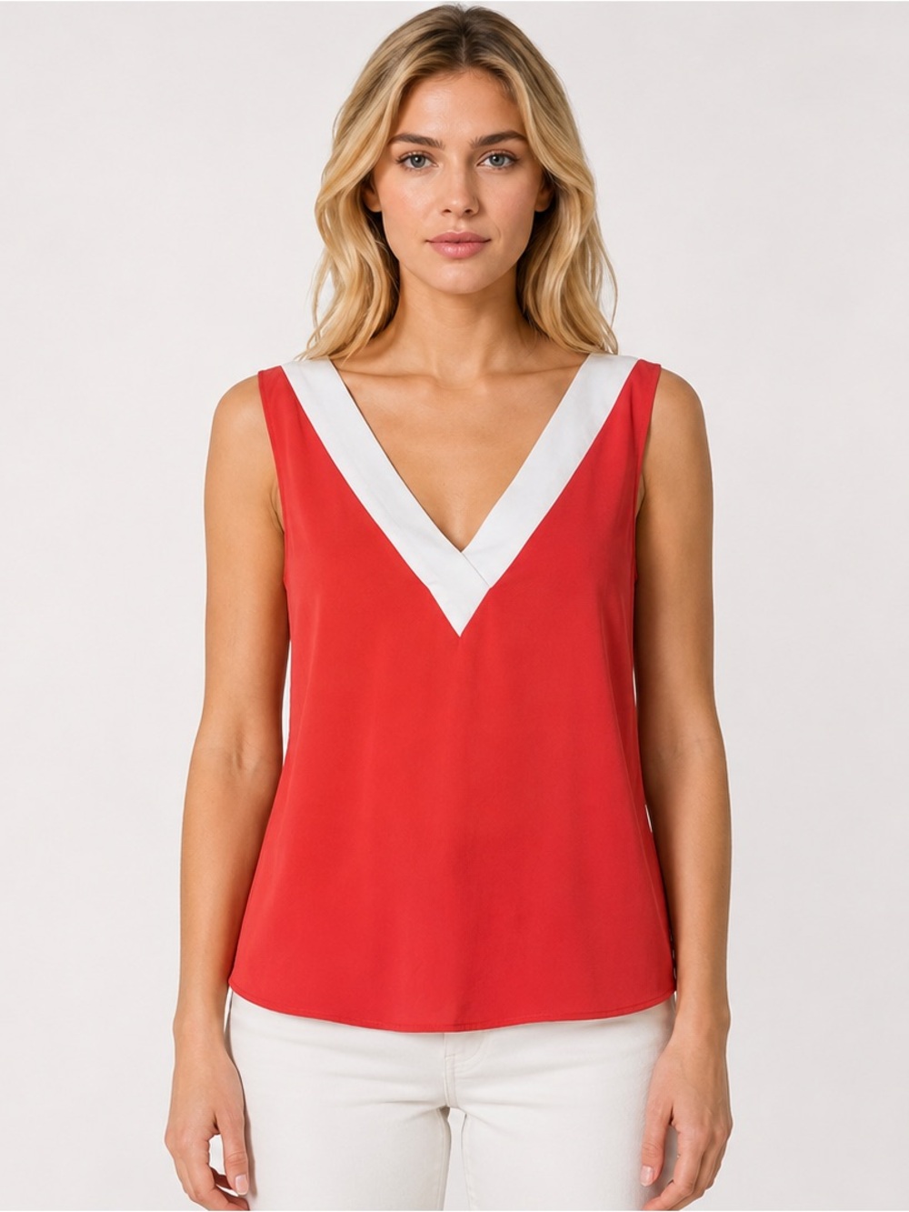Banana Republic Deep V-Neck Reddish Orange/White Sleeveless Blouse Size Medium